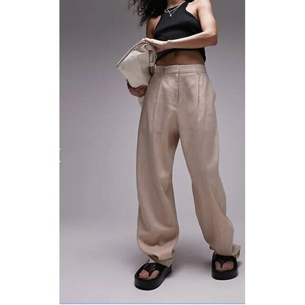 Topshop Women Tailored Peg Leg Linen-Blend Pants 6 Stone High Rise Pleated Front